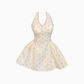 Sweet hot girl V-neck halter dress 2025 pure desire waist floral holiday short skirt R1337