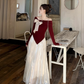 Fairy temperament high-end suit one-shoulder bow sweater with skirt two-piece suit R1725