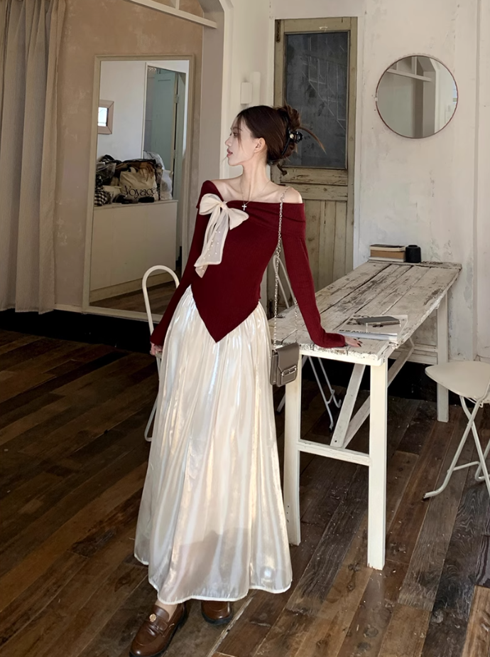 Fairy temperament high-end suit one-shoulder bow sweater with skirt two-piece suit R1725