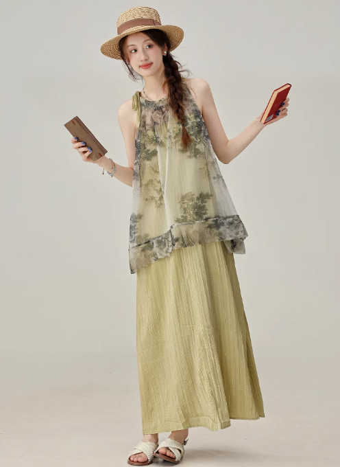 2025 Summer New Chinese Style Sleeveless Dress Retro Printed Long Dress R1917