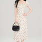 French polka dot square neck puff sleeve dress new style waist slim fit hip long skirt R2391