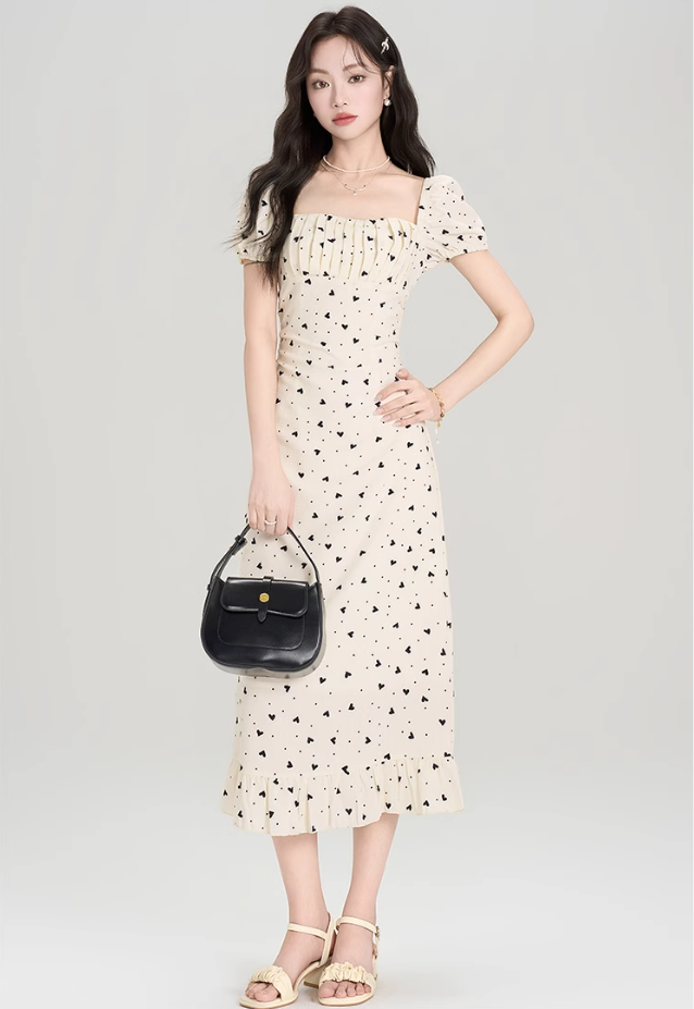 French polka dot square neck puff sleeve dress new style waist slim fit hip long skirt R2391