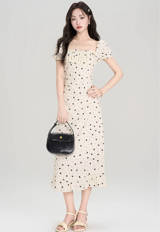 French polka dot square neck puff sleeve dress new style waist slim fit hip long skirt R2391