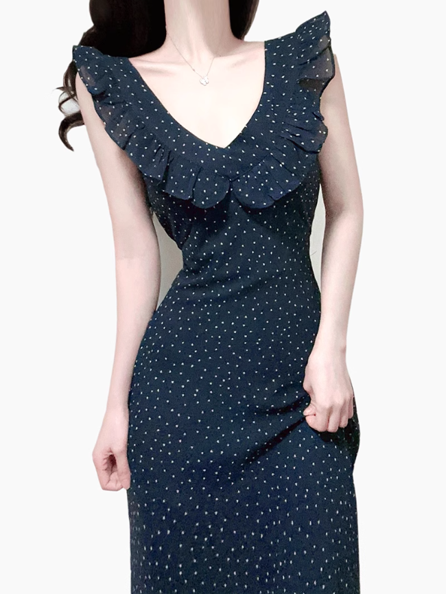 2025 Summer New Black Polka Dot Ruffled Small Flying Sleeve Midi Dress R0962