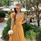 Long yellow square neck waist floral dress summer French temperament skirt R4911