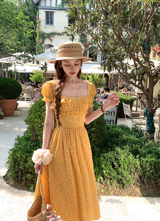 Long yellow square neck waist floral dress summer French temperament skirt R4911