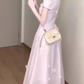 Gentle style pink baby collar dress floral waist A-line long skirt R0790
