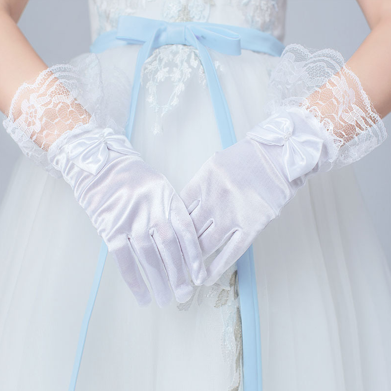 Girls Gloves Lace Bow Satin Elastic Children Flower Girl Dress Performance Dance Etiquette     S6246