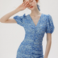 Short hip skirt summer French floral skirt blue petite pleated dress R2714