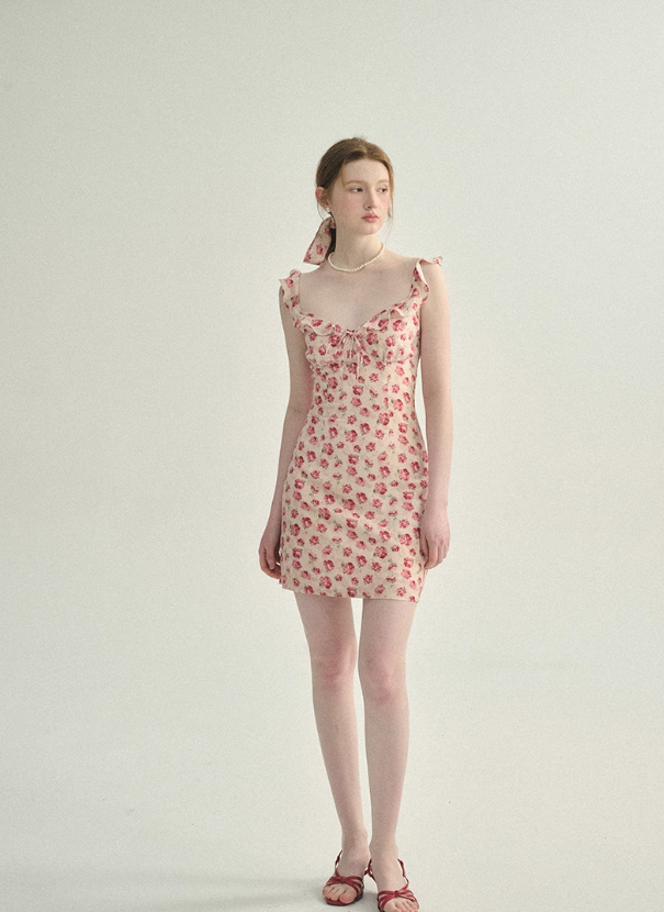 Floral dress pink short skirt French style high-end suspender skirt petite short skirt for women R3463