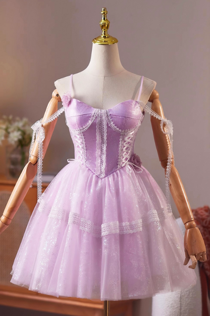 Elegant Purple A-Line Spaghetti Straps Lace Embroidery Corset Mini Prom Dress Homecoming Dress RS576