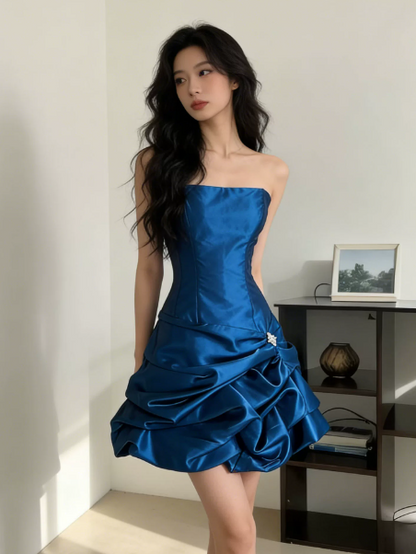 Pretty Pleated Strapless Women's Homecoming Dress Navy Corset Short Prom Dress Birthday Dress RS2760