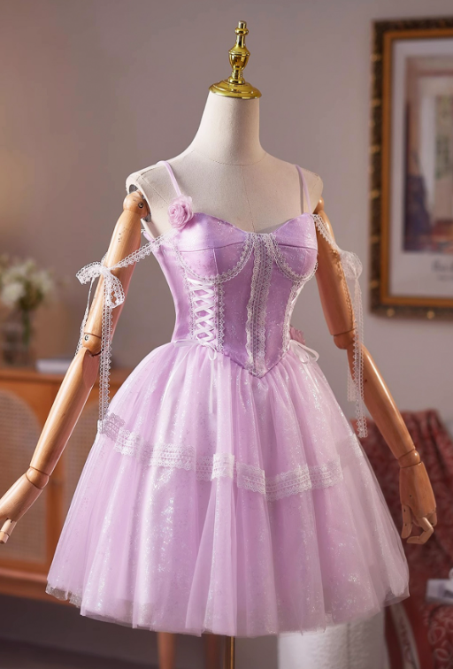 Elegant Purple A-Line Spaghetti Straps Lace Embroidery Corset Mini Prom Dress Homecoming Dress RS576