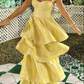 Fresh Ruffled Silky Prom Gown Yellow Women's Corset Maxi Evening Dress Casual Dress RS2904