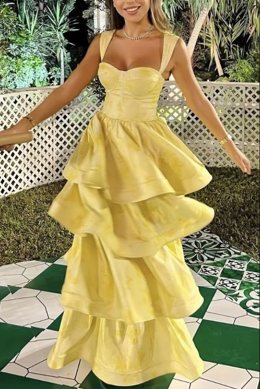 Fresh Ruffled Silky Prom Gown Yellow Women's Corset Maxi Evening Dress Casual Dress RS2904