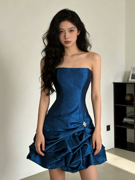 Pretty Pleated Strapless Women's Homecoming Dress Navy Corset Short Prom Dress Birthday Dress RS2760