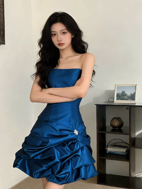 Pretty Pleated Strapless Women's Homecoming Dress Navy Corset Short Prom Dress Birthday Dress RS2760