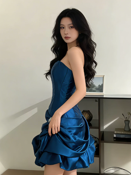 Pretty Pleated Strapless Women's Homecoming Dress Navy Corset Short Prom Dress Birthday Dress RS2760