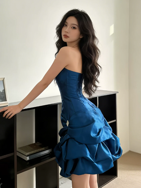 Pretty Pleated Strapless Women's Homecoming Dress Navy Corset Short Prom Dress Birthday Dress RS2760