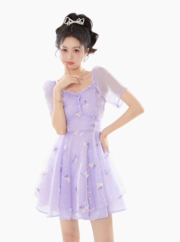 Purple fairy lace chiffon suspender dress women's summer waist mesh skirt R4181