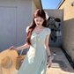 Green long v-neck short-sleeved dress women's summer loose slim temperament skirt R4832