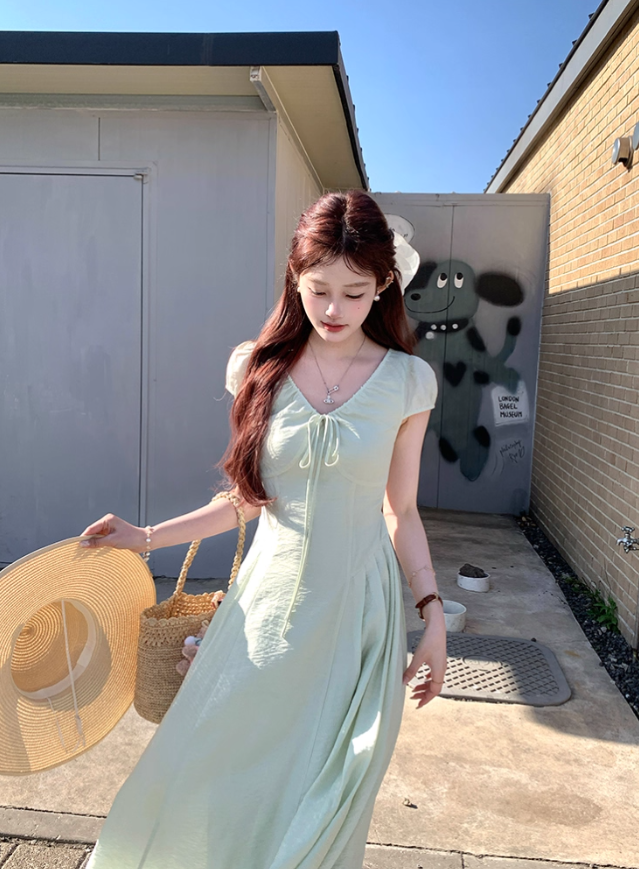 Green long v-neck short-sleeved dress women's summer loose slim temperament skirt R4832