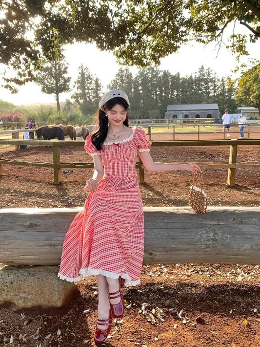 Pink plaid slim waist long skirt homecoming dress R3264