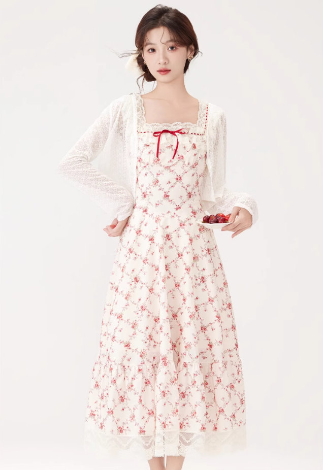French style gentle sweet floral dress new lace waist long skirt R2380