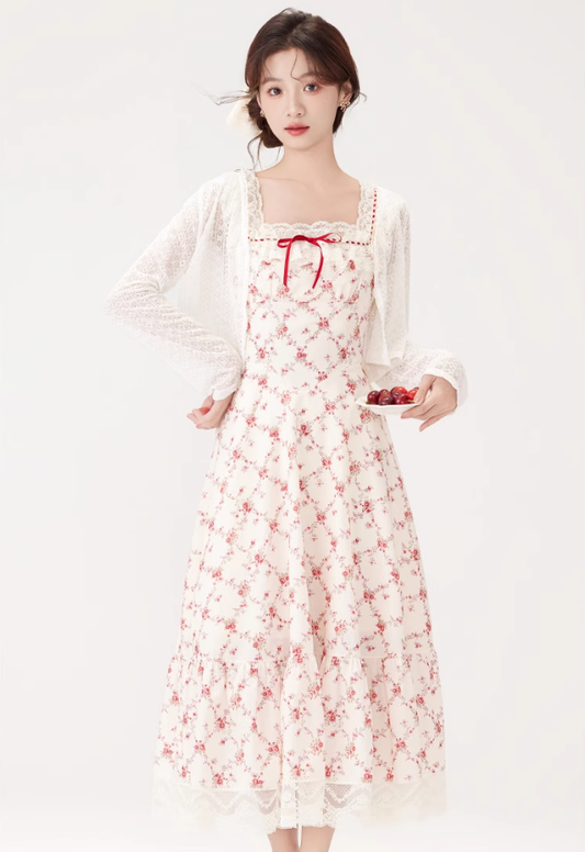 French style gentle sweet floral dress new lace waist long skirt R2380