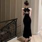 Retro halter neck backless annual meeting black velvet dress fishtail high-end hip dress R1504