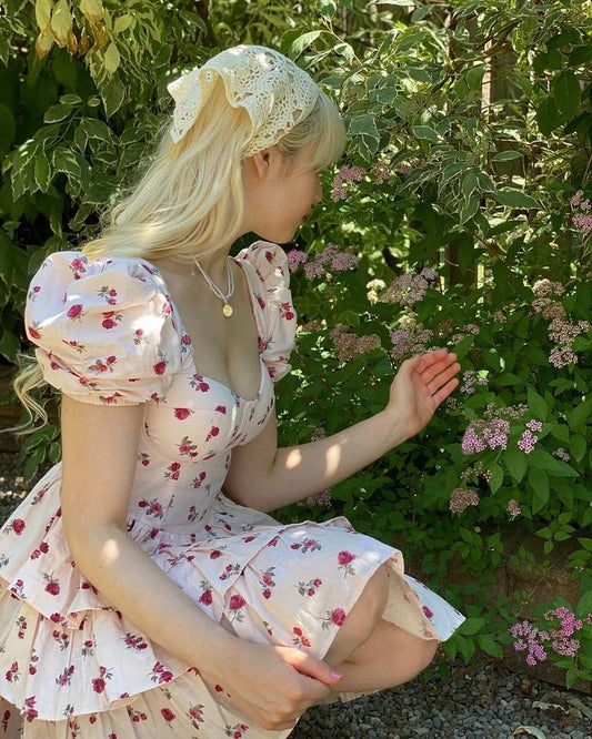 Pink Floral Puff Sleeve Waist A-Line Cake Skirt Homecoming Dress R4000