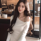 French style gentle off-shoulder knitted A-line dress high-end waist slim long skirt R1450