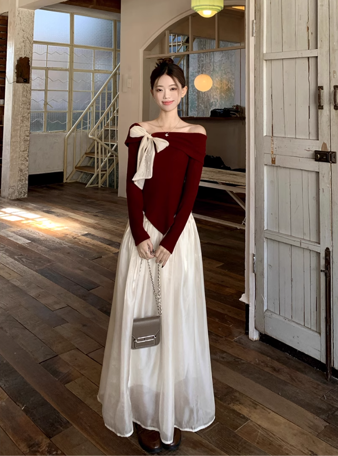 Fairy temperament high-end suit one-shoulder bow sweater with skirt two-piece suit R1725