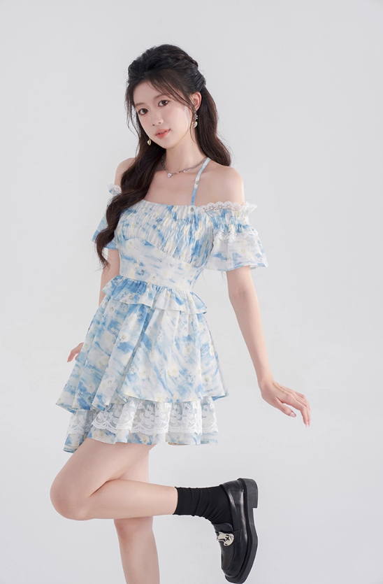 One-shoulder floral dress summer lotus leaf sleeve suspender skirt new high waist A-line skirt R4422