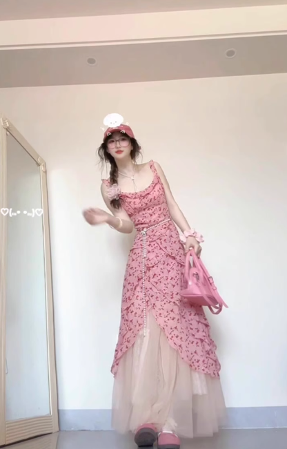 Tea break French pink suspender floral dress seaside vacation unique waist temperament long dress R0422
