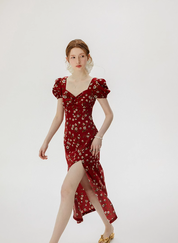 French floral red dress 2025 high-end wear R2703