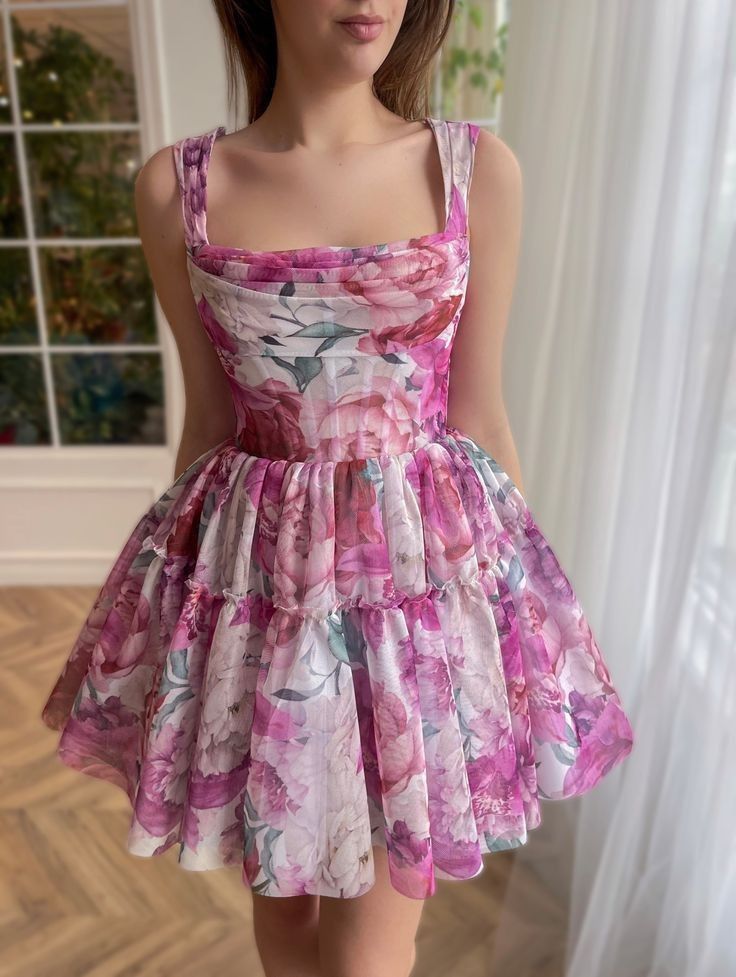 Rose Red Floral Sling Waist Slim Fit A-Line Sexy Short Skirt Homecoming Dress R4014