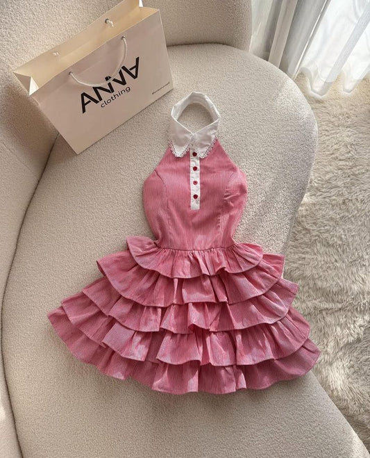 Pink Halter Neck Waist Cake Tutu Skirt Homecoming Dress R4129