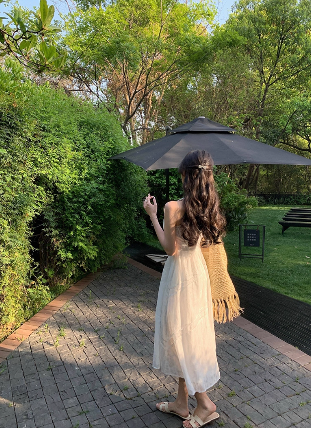 French style white sleeveless halter neck off-shoulder dress midi dress women's summer new style R4377