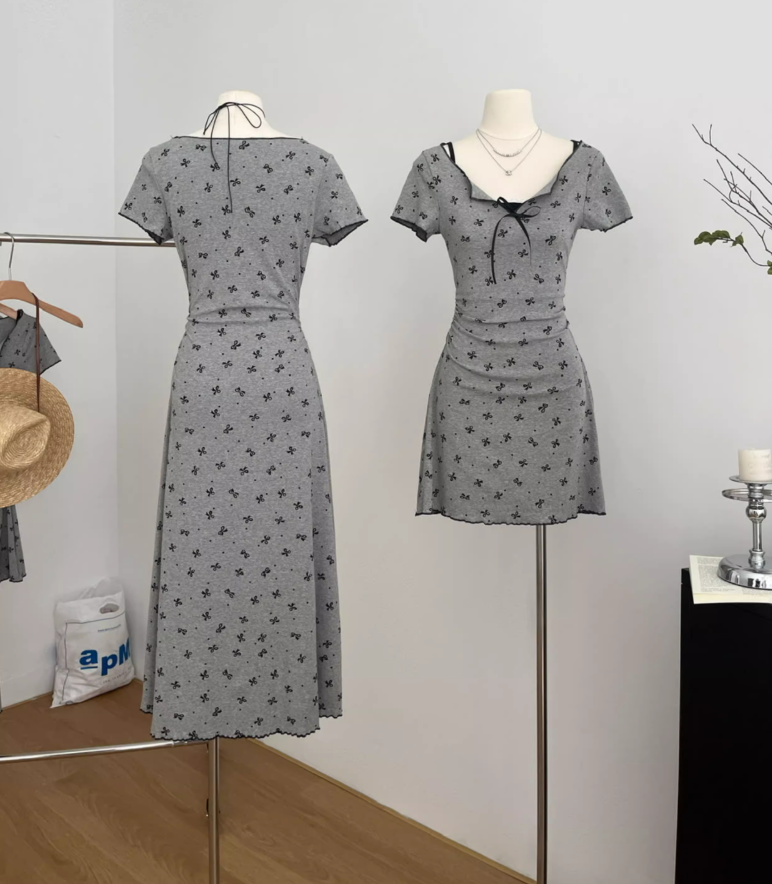 Gray bow polka dot dress new style skirt waist slimming fake two-piece short skirt R1981