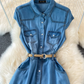 Light mature style sleeveless denim dress new French retro waist slimming A-line shirt long skirt R0407