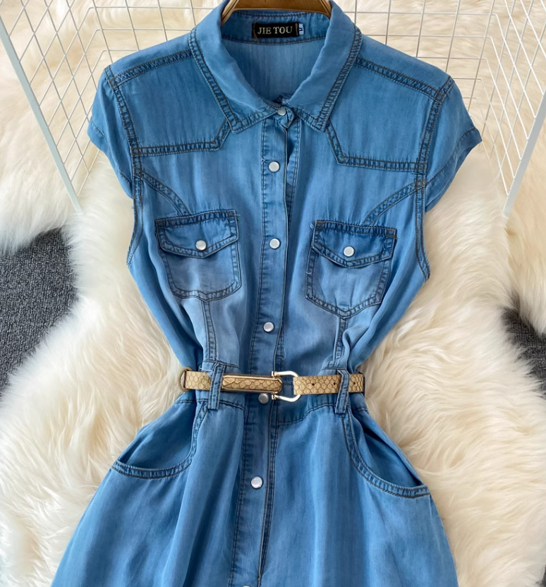 Light mature style sleeveless denim dress new French retro waist slimming A-line shirt long skirt R0407