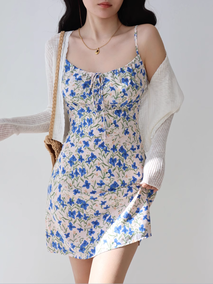 French retro blue floral suspender skirt sexy slim dress hip skirt R2852