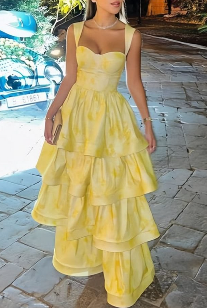 Fresh Ruffled Silky Prom Gown Yellow Women's Corset Maxi Evening Dress Casual Dress RS2904