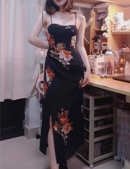 French holiday style long black 2025 new sling slim fit dress R2650