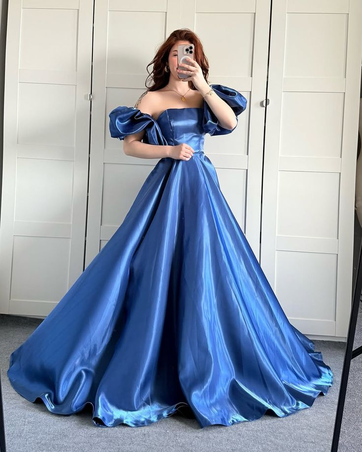 Puff Sleeves Silky Prom Gown Navy Women's Corset Maxi Birthday Dress — Fall Outfit 2026 New RS3094