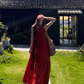 Travel wear red long skirt loose slim print skirt island vacation halter dress R1762