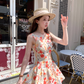 Women's summer French retro printed waist suspender dress R4824