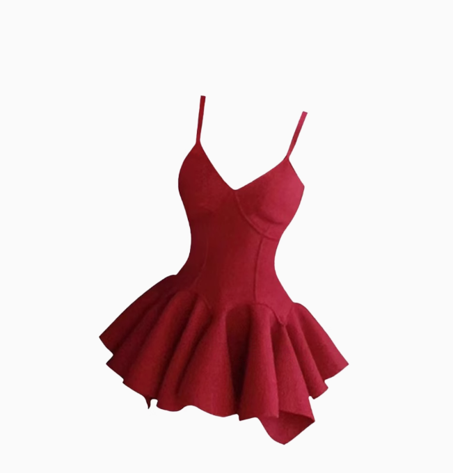 French red suspender dress for women with temperament waist irregular puffy skirt R3141