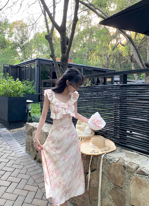 Beautiful dress temperament square neck pink printed long skirt summer new style R4414